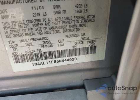 2005 Nissan Altima 2.5 S from USA, damaged, VIN 1N4AL11E85N444920